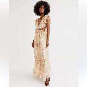 H&M Cut Out V-Neck Frill Flowy Back Tie Floral Draping Maxi Dress Size Small